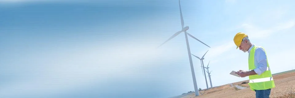 Engineer using digital tablet for wind turbine inspection; panoramic banner 스톡 사진