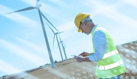 Engineer using digital tablet for wind turbine inspection; light effect Foto stock