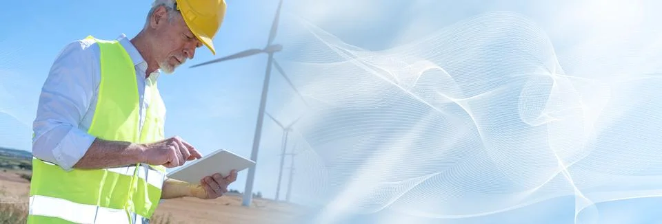 Engineer using digital tablet for wind turbine inspection; panoramic banner Foto stock