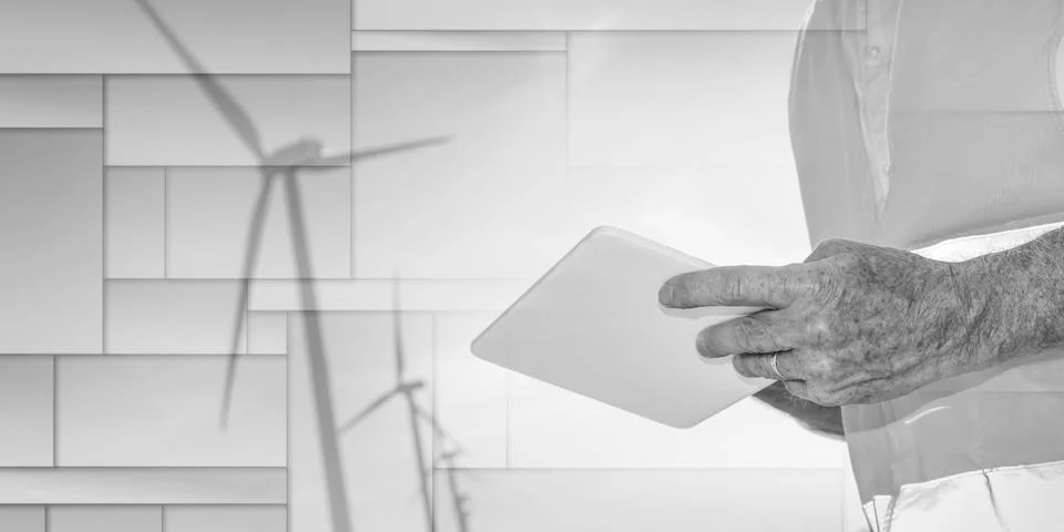 Engineer using digital tablet for wind turbine inspection, geometric pattern Stock Photos