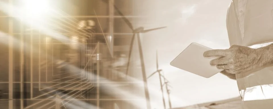 Engineer using digital tablet for wind turbine inspection; multiple exposure Stock Photos