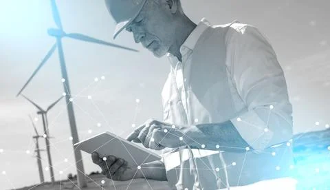 Engineer using digital tablet for wind turbine inspection; light effect Foto stock