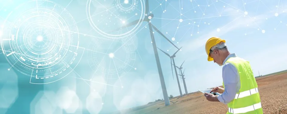 Engineer using digital tablet for wind turbine inspection; panoramic banner Foto stock