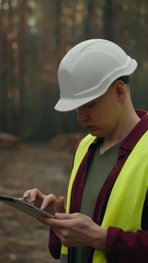 Engineer using electronic tablet in forest during construction project for d Stock Footage 331571307