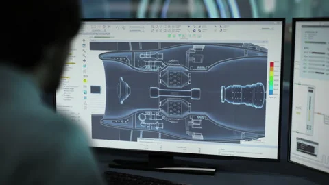 An Engineer using futuristic software to construct a gas turbine prototype Stock Footage 229918362