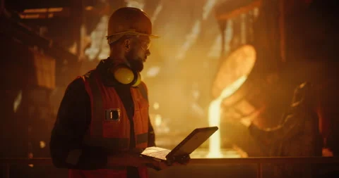 Engineer Using Laptop Computer in a Foundry Stock Footage 320868277