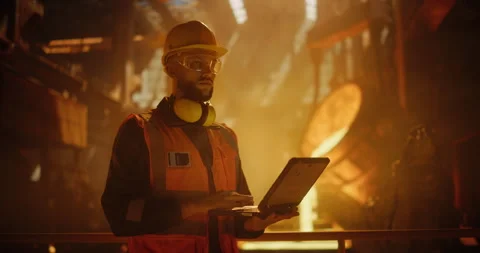Engineer Using Laptop Computer in a Foundry Stock Footage 320868308