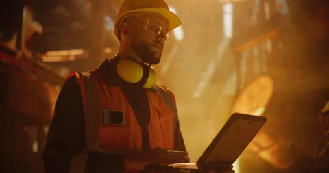 Engineer Using Laptop Computer in a Foundry Stock Footage 320868356