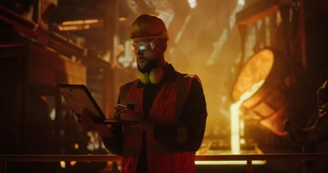 Engineer Using Laptop Computer in a Foundry Stock Footage 320868377