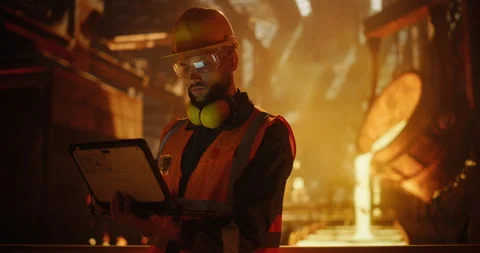 Engineer Using Laptop Computer in a Foundry Stock Footage 320868438