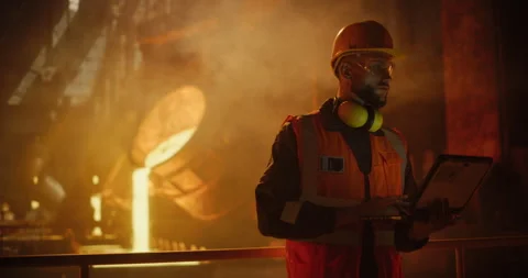 Engineer Using Laptop Computer in a Foundry Stock Footage 320868530