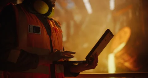 Engineer Using Laptop Computer in a Foundry Stock Footage 320868531