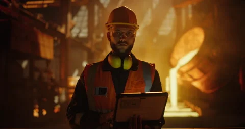 Engineer Using Laptop Computer in a Foundry Stock Footage 320868605