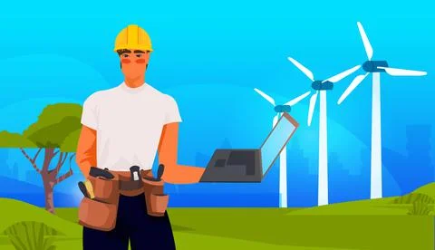 Engineer using laptop near wind turbines responsibility of co2 emission Stock Illustration