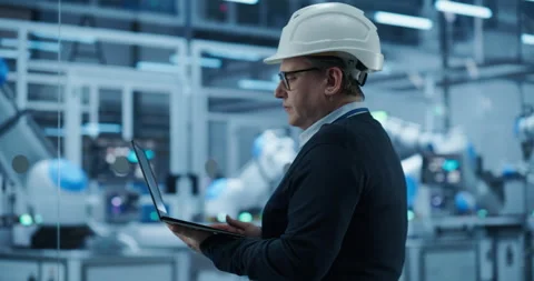 Engineer Using Laptop in Robotics Factory Stock Footage 319829596