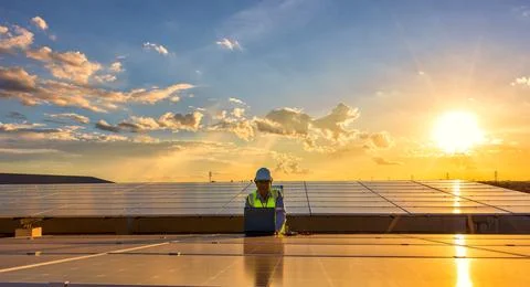 Engineer using laptop at solar panels on rooftop at sunset sky, An engineer w Stock-Fotos