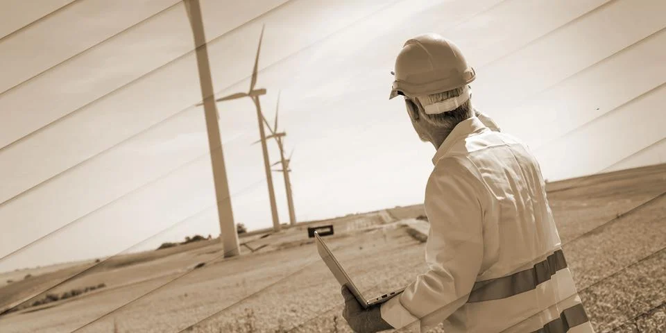 Engineer using laptop for wind turbine inspection, geometric pattern Stock Photos