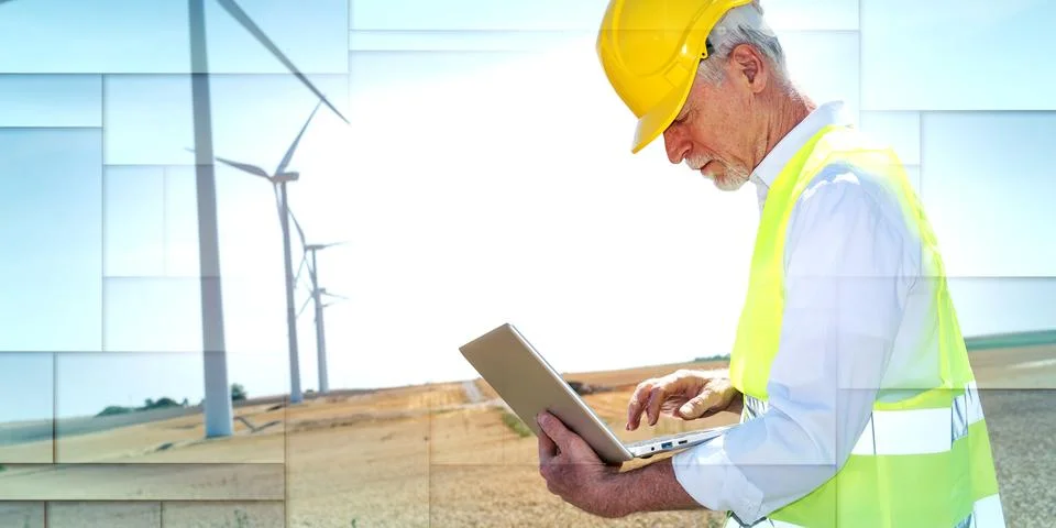 Engineer using laptop for wind turbine inspection, geometric pattern Stock Photos