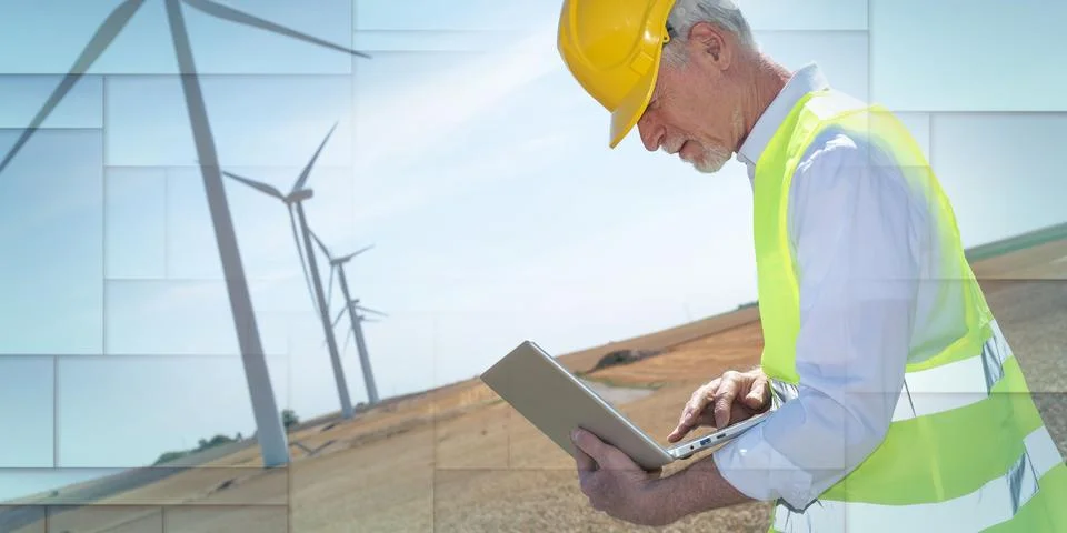 Engineer using laptop for wind turbine inspection, geometric pattern Stock Photos