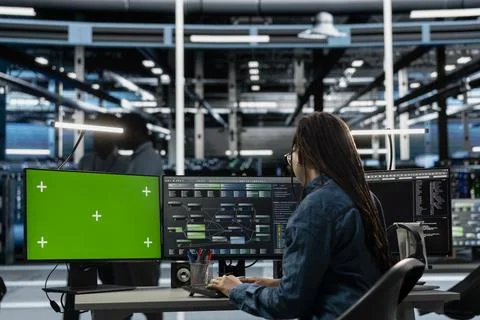 Engineer using machine l;earning tech on green screen PC in data center Stock Photos