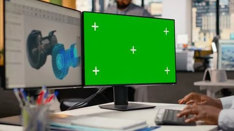 Engineer using mockup computer to reduce carbon footprint of wind turbines 库存照片