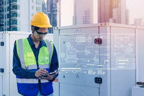 Engineer using modern technology device software checking water pump tank p.. Stock Photos