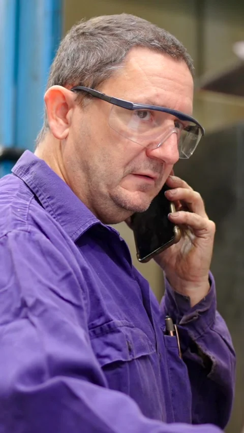 Engineer using phone while working in a cnc factory Stock Footage 259668457