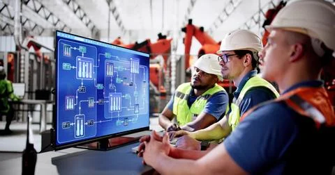 Engineer using Scada desktop software controlling robots Stockfoto's