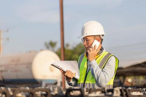 Engineer using smartphone with clipboard checklist in construction site 写真素材