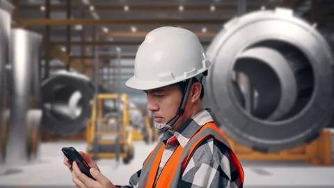 Engineer Using Smartphone at Heavy Factory Stock Footage 340820706