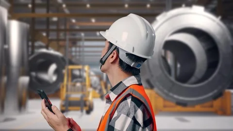 Engineer Using Smartphone at Heavy Factory Stock Footage 340820766