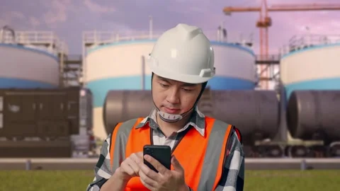 Engineer Using Smartphone at Oil Refinery Stock Footage 340140894