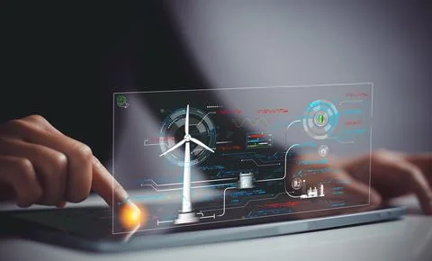 Engineer using tablet to adjust power of wind turbines to power industrial .. Stock Photos