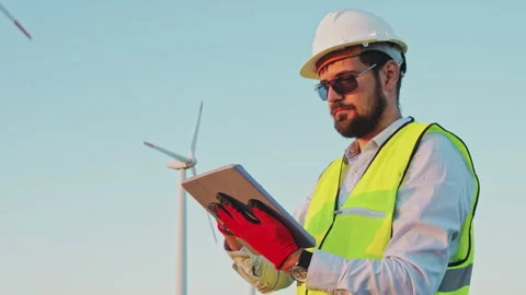Engineer using a tablet to adjusts the power of each turbine in the wind park Stock Footage 246380381