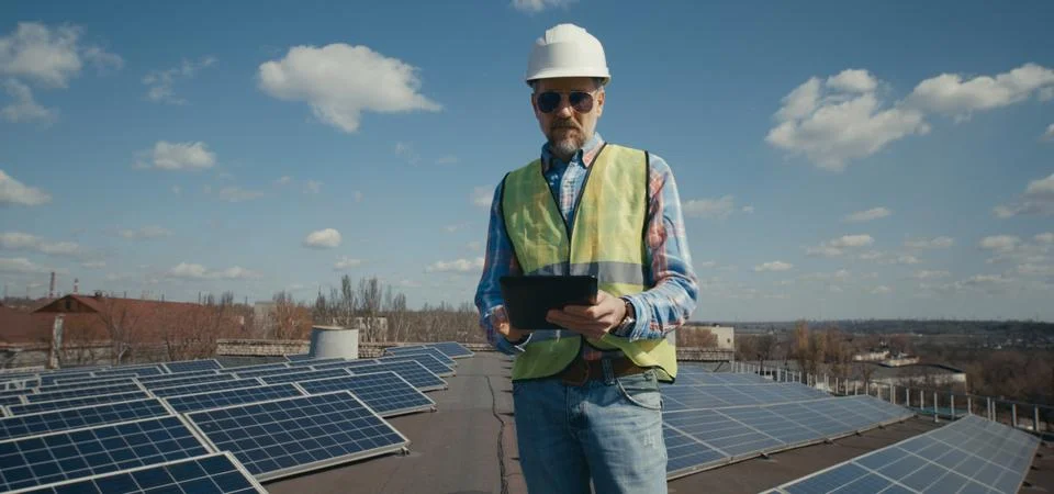 Engineer using tablet between solar panels Stock Photos