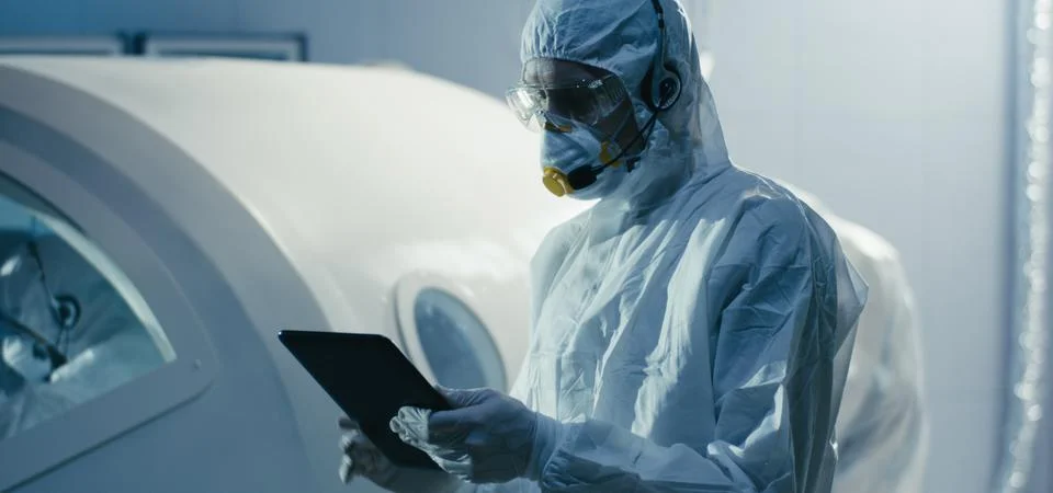 Engineer using tablet in clean room Stock Photos