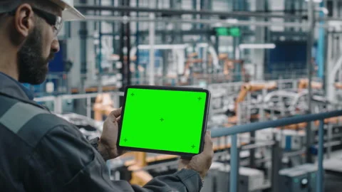 Engineer Using Tablet Computer Green Screen at Car Factory Stock Footage 158939899