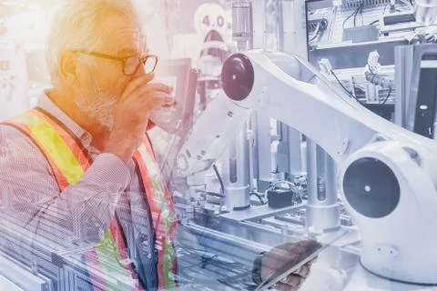 Engineer using tablet control robot arm in production line for robotic engine Foto stock