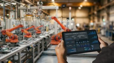 Engineer using tablet dashboard in smart factory with robotic automation sy.. Stock Photos