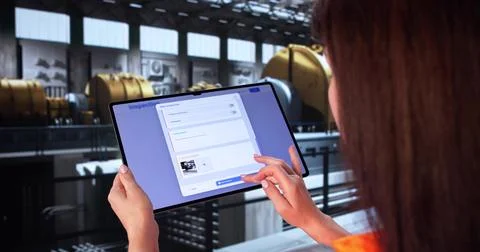 Engineer Using Tablet Device Inspects Gas Power Plant Turbine Safety. 写真素材