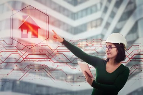 Engineer using tablet for house project Foto stock