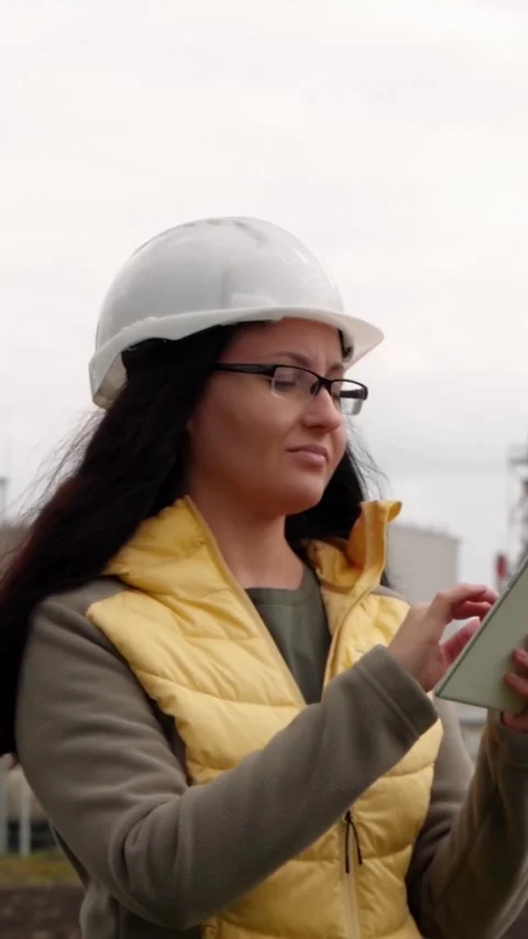 Engineer using tablet at industrial site. Woman in hard hat reviews data and Stock Footage 348195774