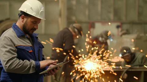 Engineer using Tablet PC in heavy industry factory Stock Photos
