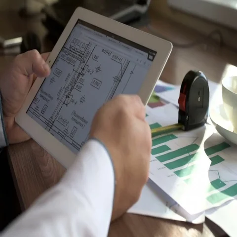 Engineer using Tablet PC while working with Blueprints Stock Footage 69588477