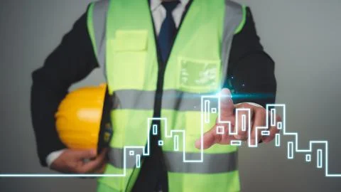 Engineer using tablet to work on table, Project presentation plan, Construc.. Stock Photos