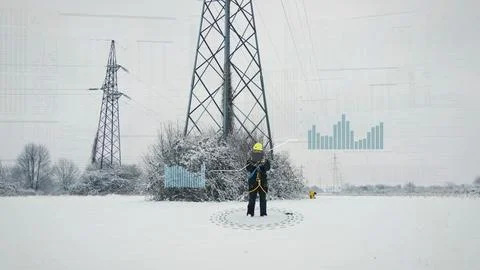 Engineer using technology to service electricity pylon in snow, graphic Stock Photos