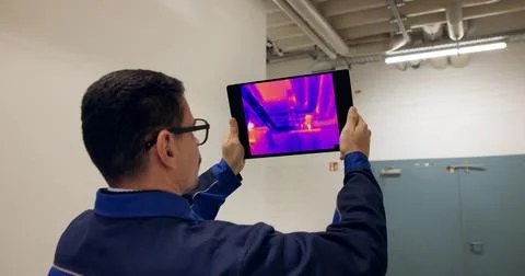Engineer Using Thermal Camera To Check Heat Loss Of Water Pipes. 스톡 사진