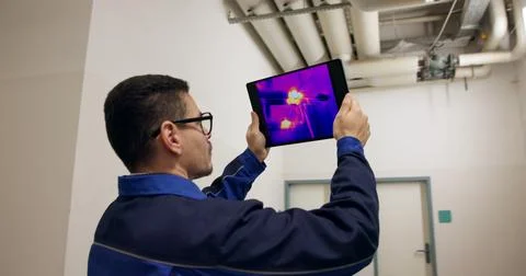 Engineer Using Thermal Camera To Check Heat Loss Of Water Pipes. Foto stock