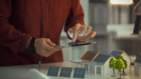 Engineer using touchpad to design solar solutions in a sustainable energy wo Stock Footage 331289501