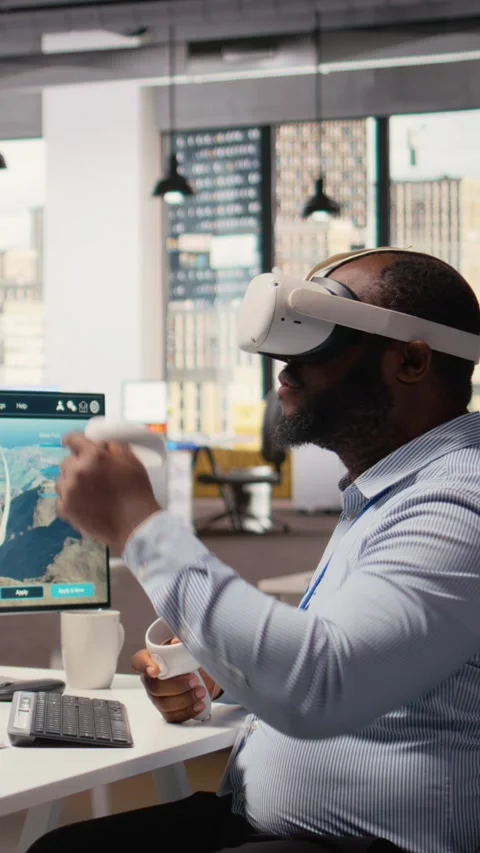 Engineer using virtual reality simulation to do clean energy technology testing Stock Footage 315417896
